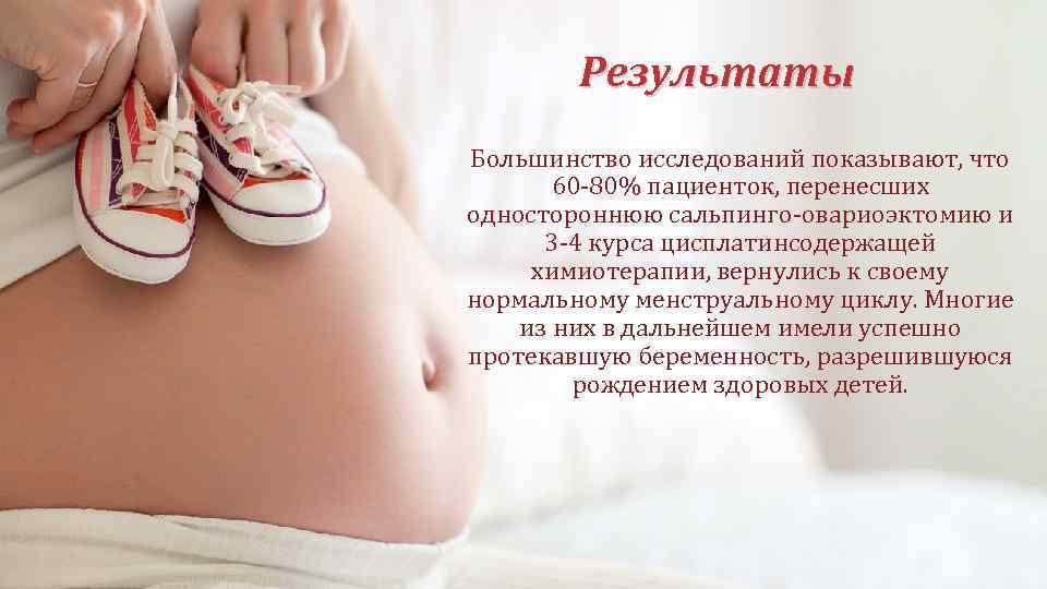 Результаты Большинство исследований показывают, что 60 -80% пациенток, перенесших одностороннюю сальпинго-овариоэктомию и 3 -4
