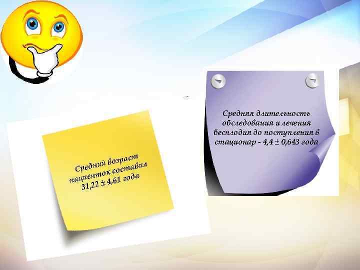 Средняя длительность обследования и лечения бесплодия до поступления в стационар - 4, 4 ±