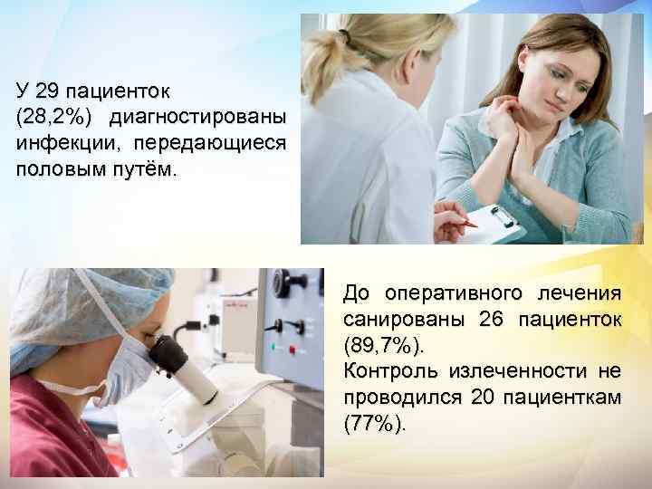 У 29 пациенток (28, 2%) диагностированы инфекции, передающиеся половым путём. До оперативного лечения санированы