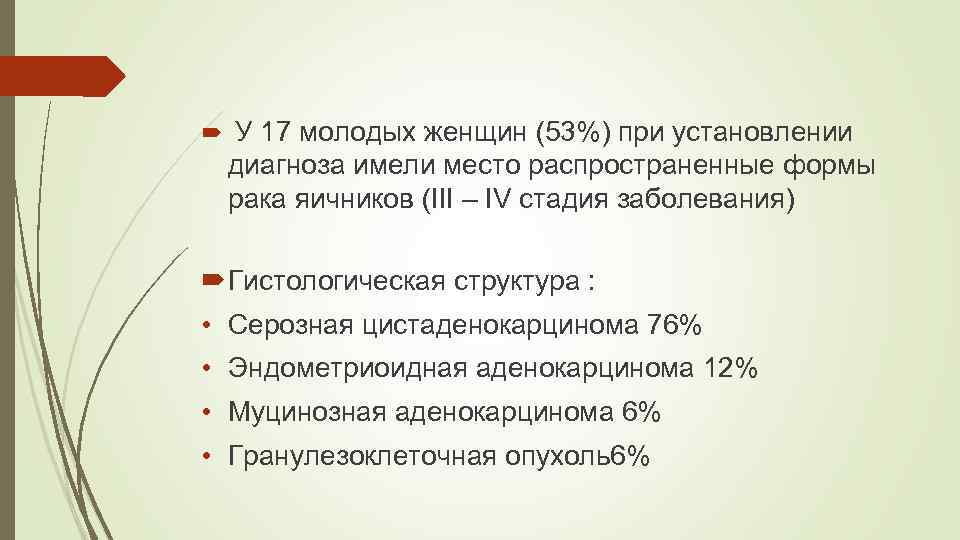  У 17 молодых женщин (53%) при установлении диагноза имели место распространенные формы рака