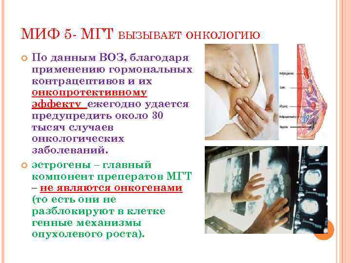 МИФ 5 - МГТ ВЫЗЫВАЕТ ОНКОЛОГИЮ По данным ВОЗ, благодаря применению гормональных контрацептивов и