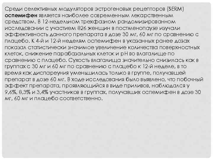 Среди селективных модуляторов эстрогеновых рецепторов (SERM) оспемифен является наиболее современным лекарственным средством. В 12