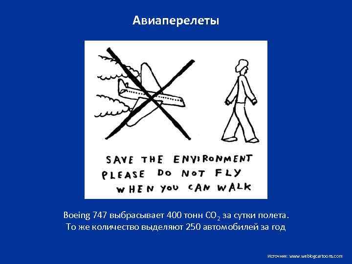 Авиаперелеты Boeing 747 выбрасывает 400 тонн СО 2 за сутки полета. То же количество