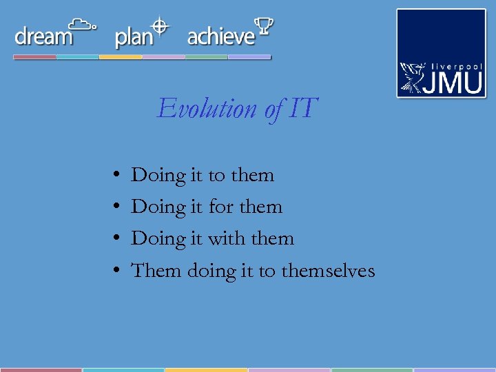 Evolution of IT • • Doing it to them Doing it for them Doing