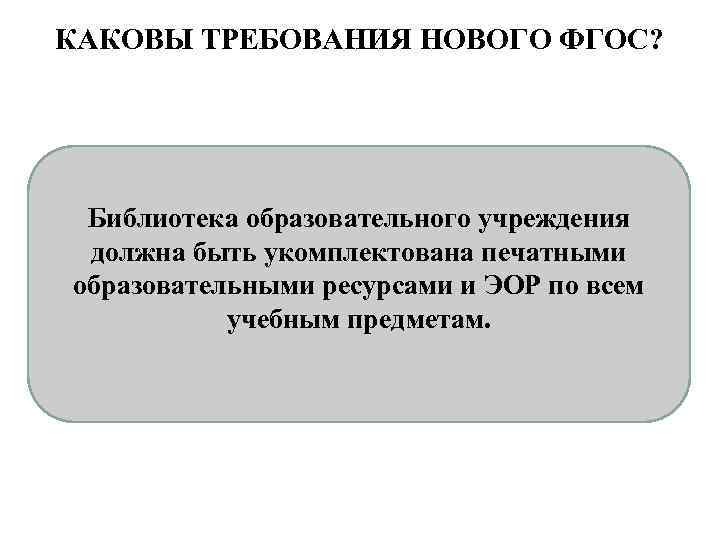КАКОВЫ ТРЕБОВАНИЯ НОВОГО ФГОС? Библиотека образовательного учреждения должна быть укомплектована печатными образовательными ресурсами и