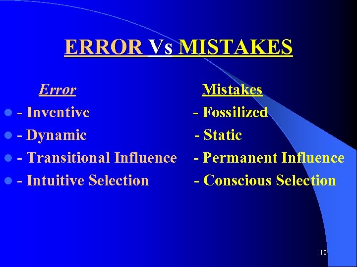 ERROR Vs MISTAKES Error Mistakes l - Inventive - Fossilized l - Dynamic -