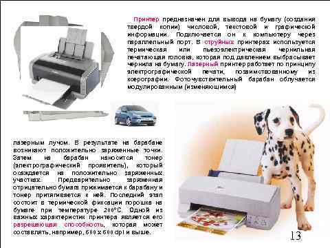 Принтер предназначен для вывода на бумагу (создания твердой копии) числовой, текстовой и графической информации.