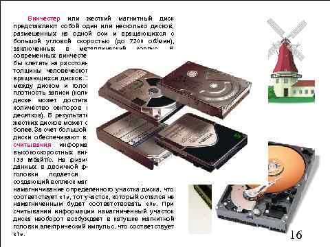 Винчестер или жесткий магнитный диск представляют собой один или несколько дисков, размещенных на одной