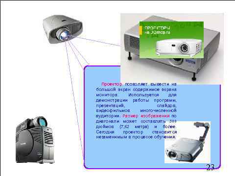 Проектор позволяет вывести на большой экран содержимое экрана монитора. Используется для демонстрации работы программ,