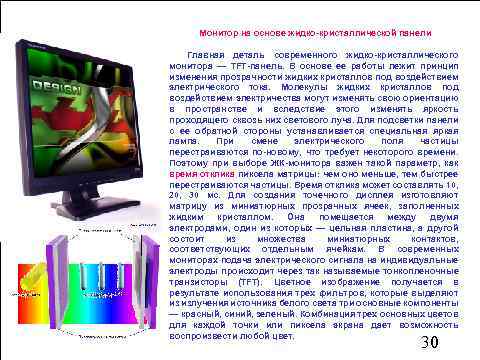 Монитор на основе жидко-кристаллической панели Главная деталь современного жидко-кристаллического монитора — TFT-панель. В основе