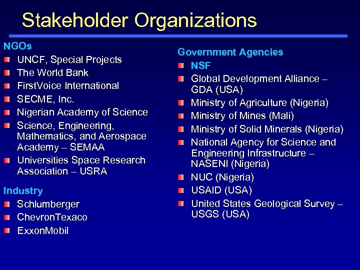Stakeholder Organizations NGOs UNCF, Special Projects The World Bank First. Voice International SECME, Inc.