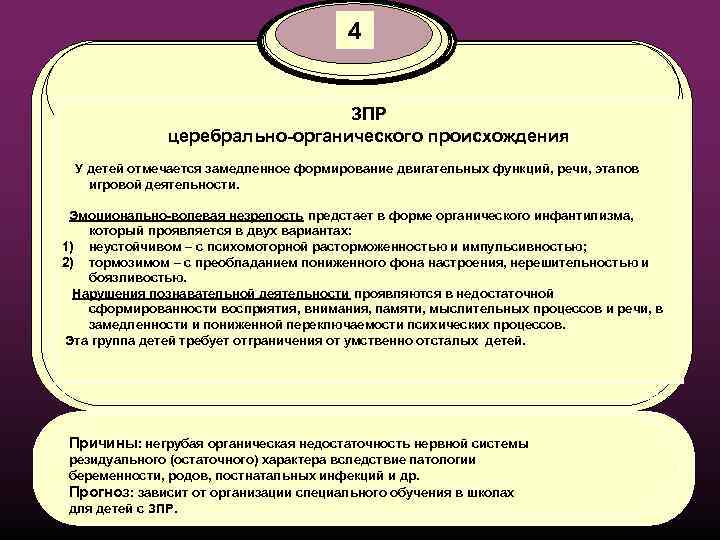 4 ЗПР церебрально-органического происхождения У детей отмечается замедленное формирование двигательных функций, речи, этапов игровой