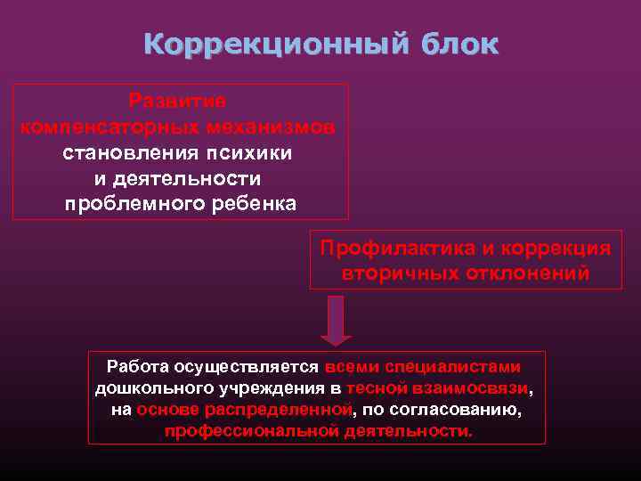 Коррекционный блок Развитие компенсаторных механизмов становления психики и деятельности проблемного ребенка Профилактика и коррекция