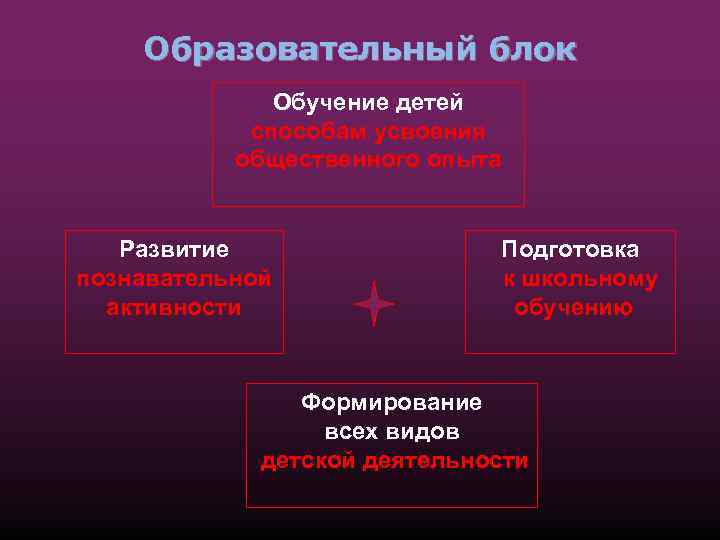 Образовательный блок Обучение детей способам усвоения общественного опыта Развитие познавательной активности Подготовка к школьному