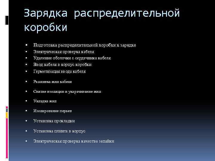 Зарядка распределительной коробки Подготовка распределительной коробки к зарядке Электрическая проверка кабеля Удаление оболочки с