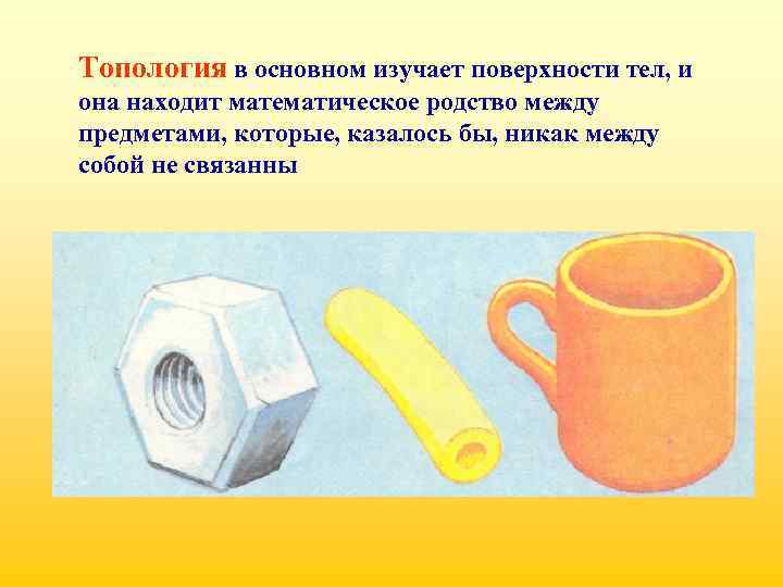 Топология в основном изучает поверхности тел, и она находит математическое родство между предметами, которые,