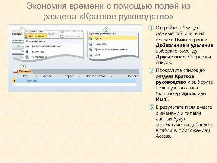 Экономия времени с помощью полей из раздела «Краткое руководство» Откройте таблицу в режиме таблицы