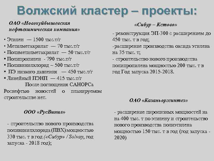 Волжский кластер – проекты: ОАО «Новокуйбышевская нефтехимическая компания» • Этилен ― 1500 тыс. т/г