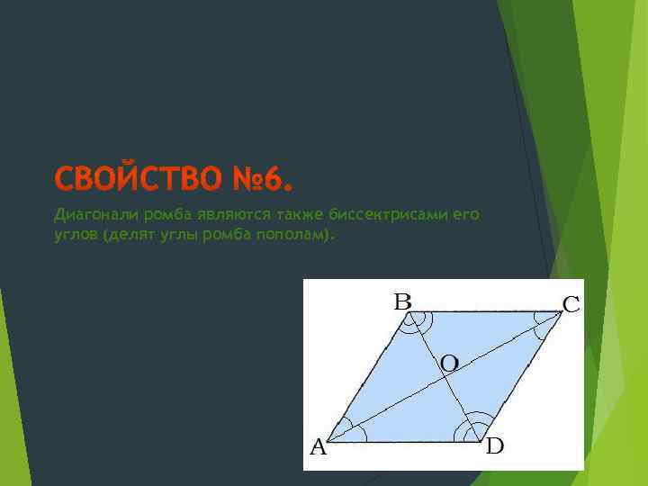 Диагонали ромба являются также биссектрисами его углов (делят углы ромба пополам). 