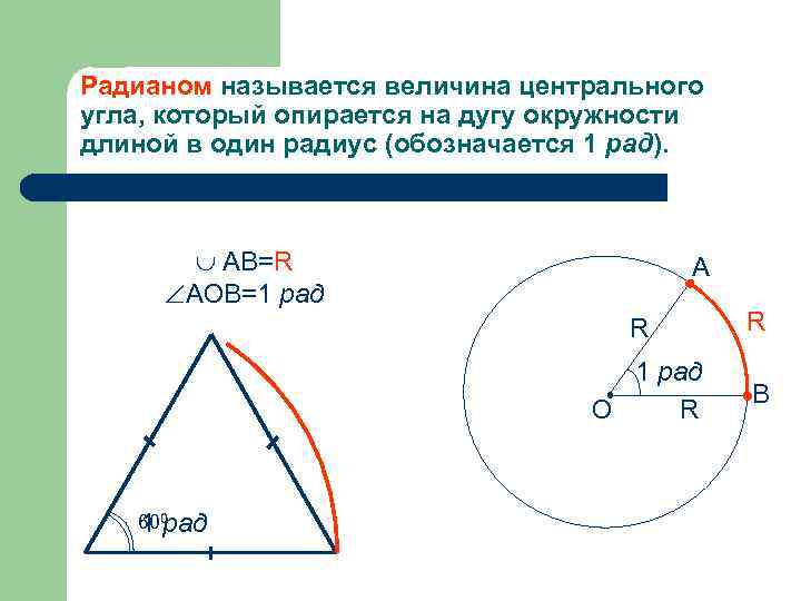 Радианом называется величина центрального угла, который опирается на дугу окружности длиной в один радиус