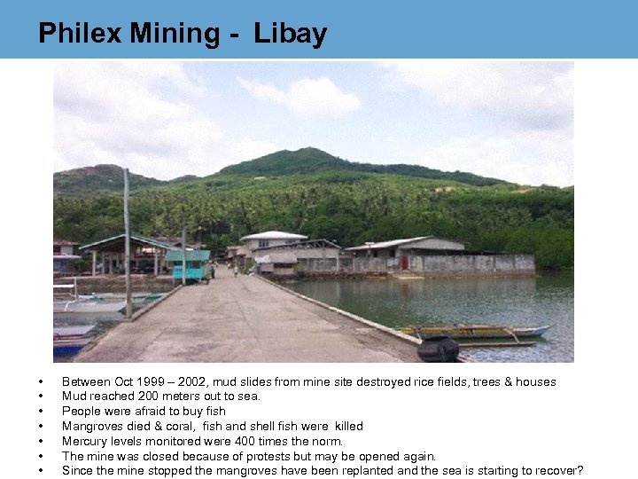 Philex Mining - Libay • • Between Oct 1999 – 2002, mud slides from