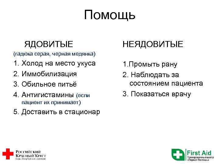Помощь ЯДОВИТЫЕ НЕЯДОВИТЫЕ (гадюка серая, черная медянка) 1. Холод на место укуса 2. Иммобилизация