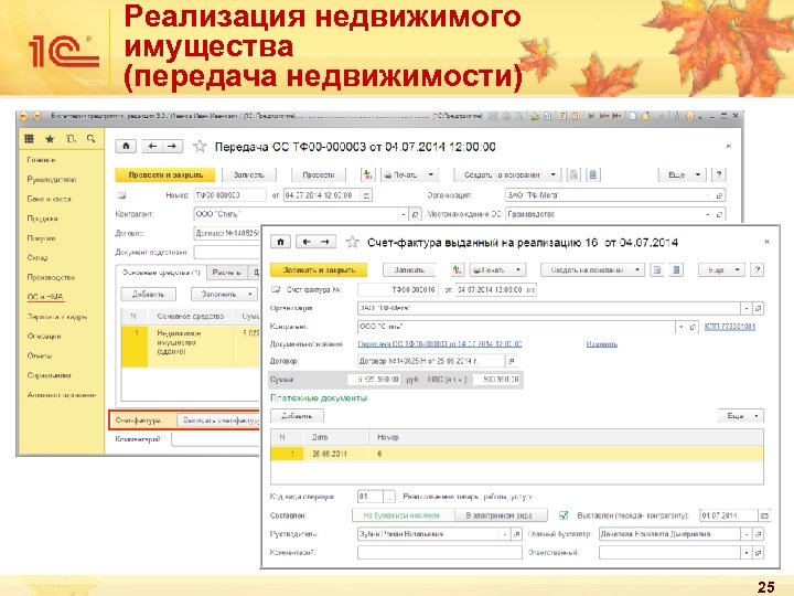 Реализация недвижимого имущества (передача недвижимости) 25 