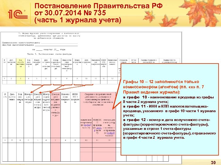 Постановление Правительства РФ от 30. 07. 2014 № 735 (часть 1 журнала учета) Графы