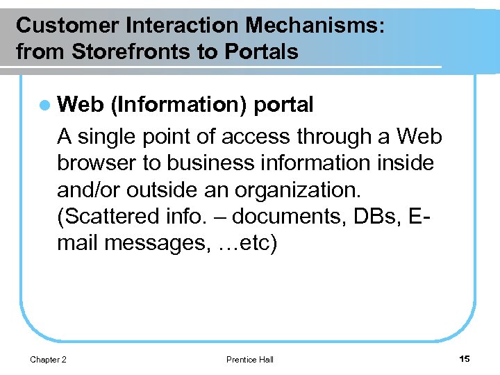 Customer Interaction Mechanisms: from Storefronts to Portals l Web (Information) portal A single point