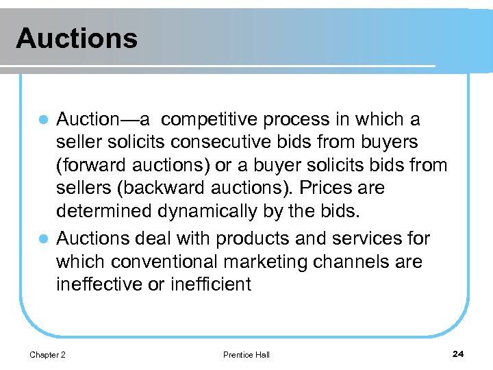 Auctions Auction—a competitive process in which a seller solicits consecutive bids from buyers (forward