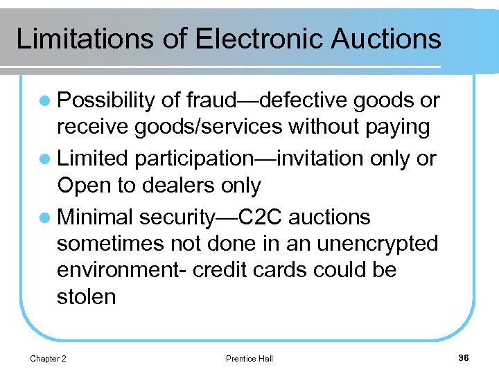 Limitations of Electronic Auctions l Possibility of fraud—defective goods or receive goods/services without paying