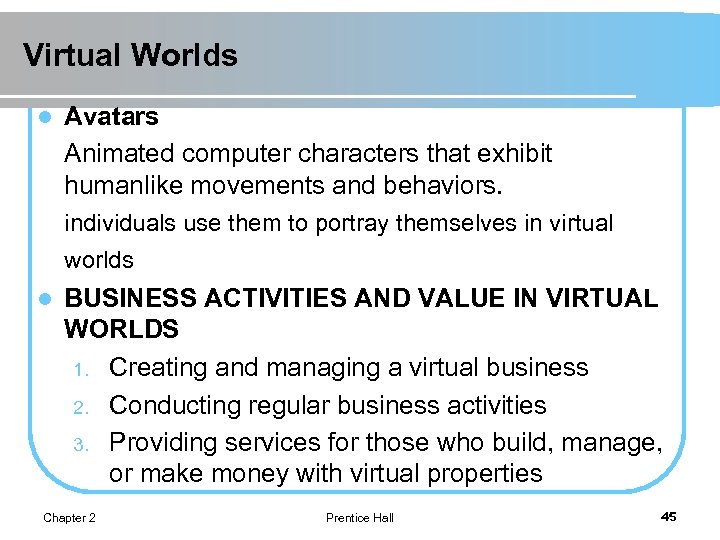 Virtual Worlds l Avatars Animated computer characters that exhibit humanlike movements and behaviors. individuals