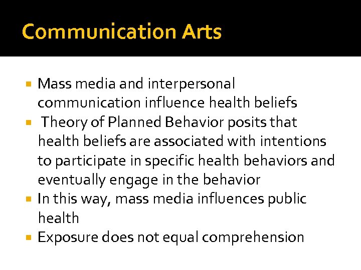 Communication Arts Mass media and interpersonal communication influence health beliefs Theory of Planned Behavior