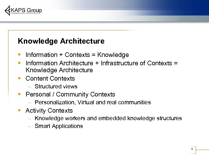 Knowledge Architecture § Information + Contexts = Knowledge § Information Architecture + Infrastructure of