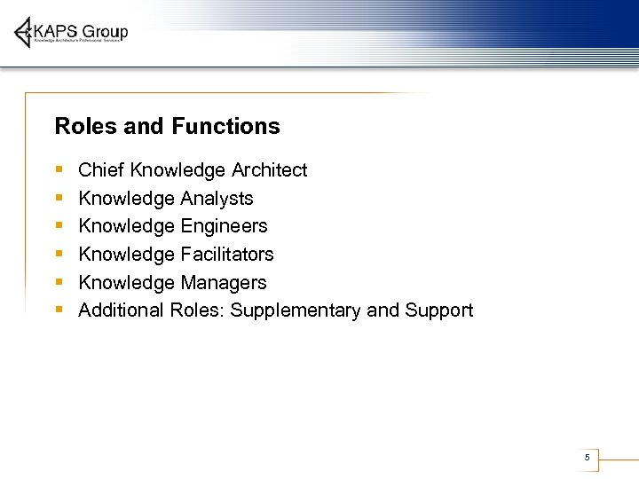 Roles and Functions § § § Chief Knowledge Architect Knowledge Analysts Knowledge Engineers Knowledge