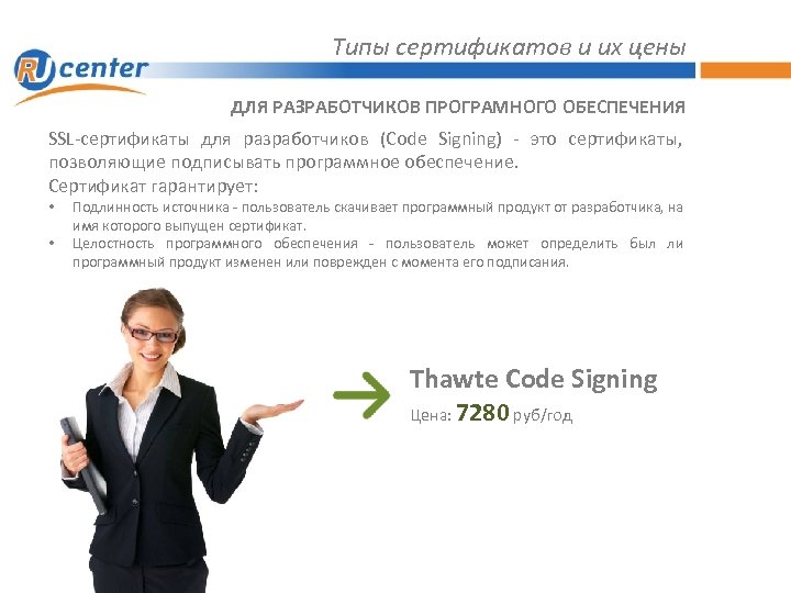 Типы сертификатов и их цены ДЛЯ РАЗРАБОТЧИКОВ ПРОГРАМНОГО ОБЕСПЕЧЕНИЯ SSL-сертификаты для разработчиков (Сode Signing)