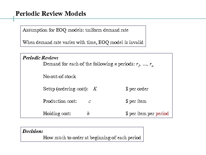 Periodic Review Models Assumption for EOQ models: uniform demand rate When demand rate varies