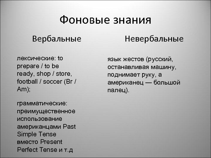 Фоновые знания Вербальные лексические: to prepare / tо be ready, shop / store, football