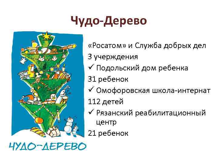 Чудо-Дерево «Росатом» и Служба добрых дел 3 учерждения ü Подольский дом ребенка 31 ребенок