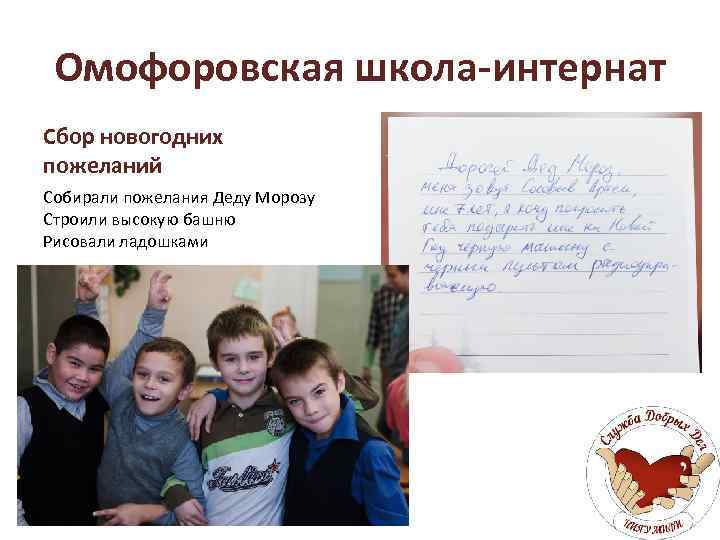 Омофоровская школа-интернат Сбор новогодних пожеланий Собирали пожелания Деду Морозу Строили высокую башню Рисовали ладошками