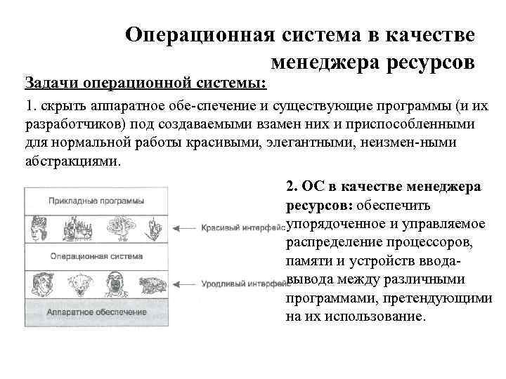 Операционная система в качестве менеджера ресурсов Задачи операционной системы: 1. скрыть аппаратное обе спечение