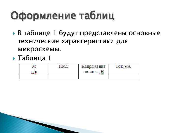 Оформление таблиц В таблице 1 будут представлены основные технические характеристики для микросхемы. Таблица 1