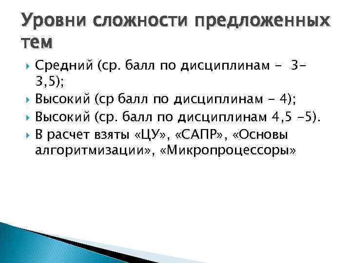 Уровни сложности предложенных тем Средний (ср. балл по дисциплинам - 33, 5); Высокий (ср