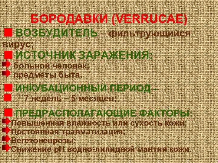 БОРОДАВКИ (VERRUCAE) ВОЗБУДИТЕЛЬ – фильтрующийся вирус; ИСТОЧНИК ЗАРАЖЕНИЯ: больной человек; предметы быта. ИНКУБАЦИОННЫЙ ПЕРИОД