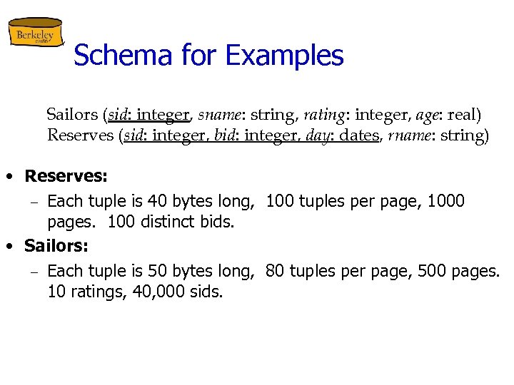 Schema for Examples Sailors (sid: integer, sname: string, rating: integer, age: real) Reserves (sid: