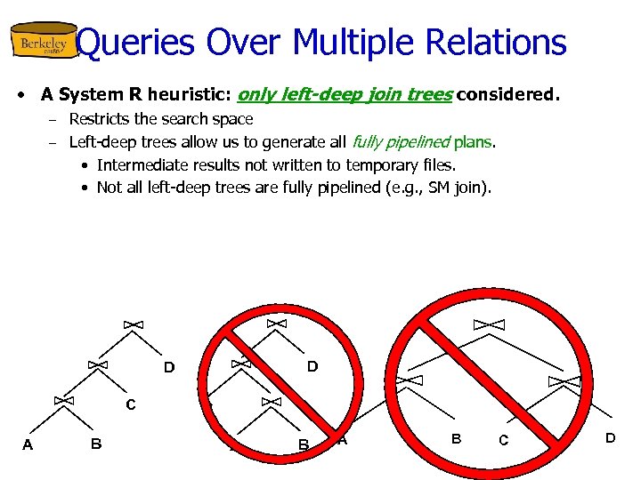 Queries Over Multiple Relations • A System R heuristic: only left-deep join trees considered.
