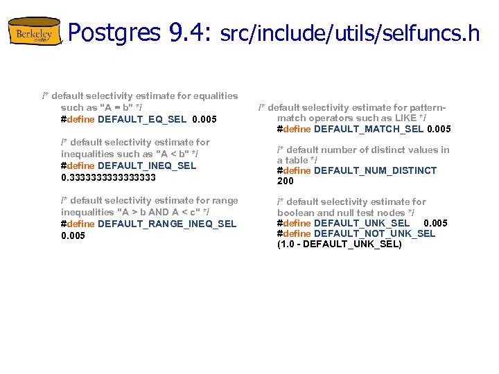 Postgres 9. 4: src/include/utils/selfuncs. h /* default selectivity estimate for equalities such as 
