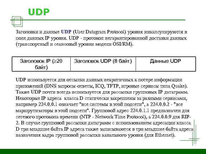 UDP Заголовки и данные UDP (User Datagram Protocol) уровня инкапсулируются в поле данных IP