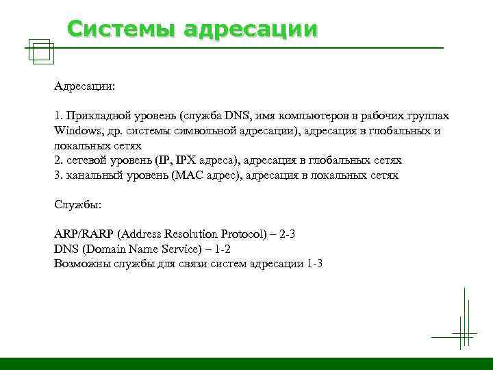Системы адресации Адресации: 1. Прикладной уровень (служба DNS, имя компьютеров в рабочих группах Windows,