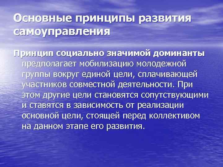 Основные принципы развития самоуправления Принцип социально значимой доминанты предполагает мобилизацию молодежной группы вокруг единой